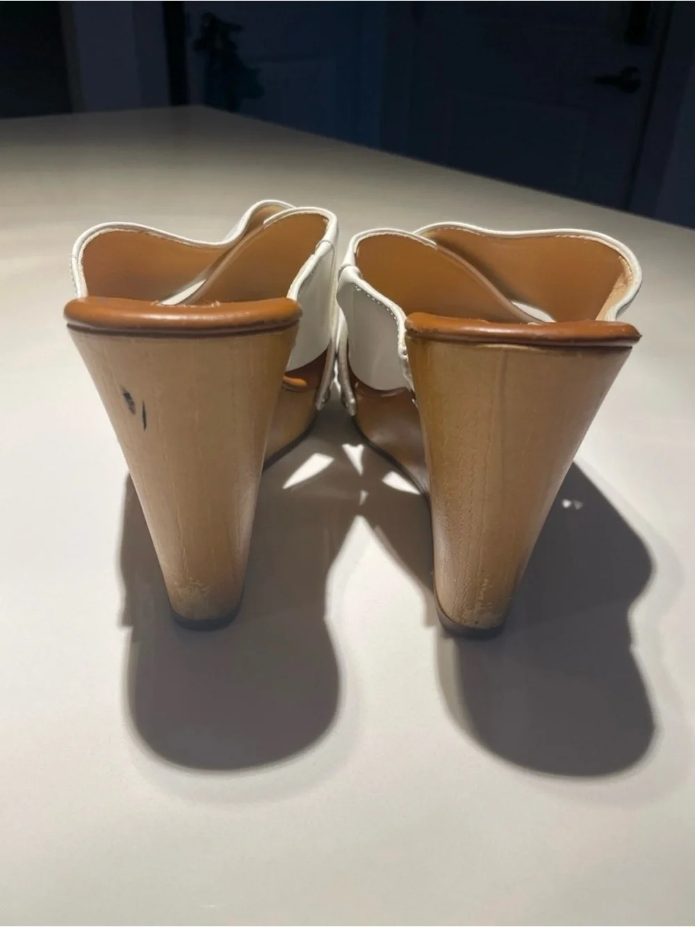 Jessica Simpson White Leather Wedge Slide Sandals with Wood-Look Platform